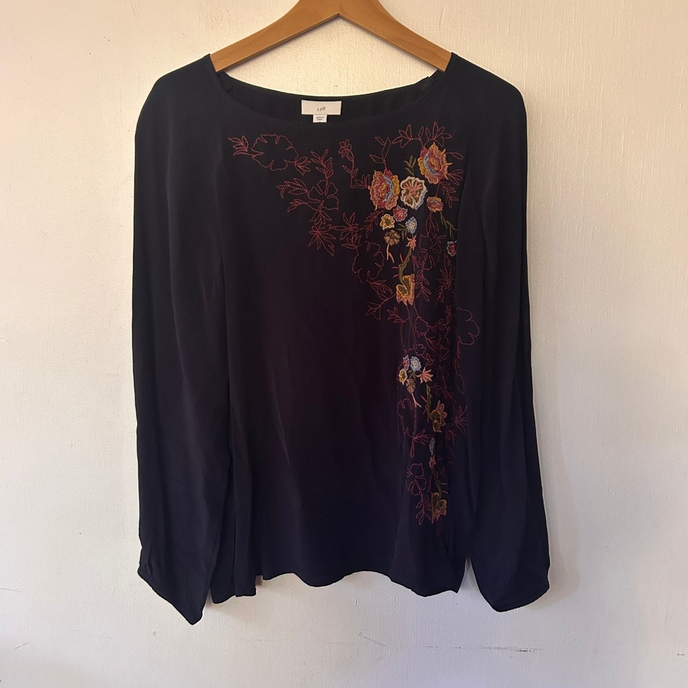 J. Jill Blouse Womens Large Petite Navy Embroidered Floral Long Sleeve Boho